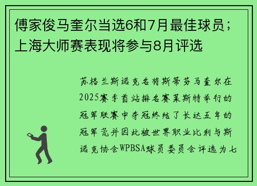 傅家俊马奎尔当选6和7月最佳球员；上海大师赛表现将参与8月评选