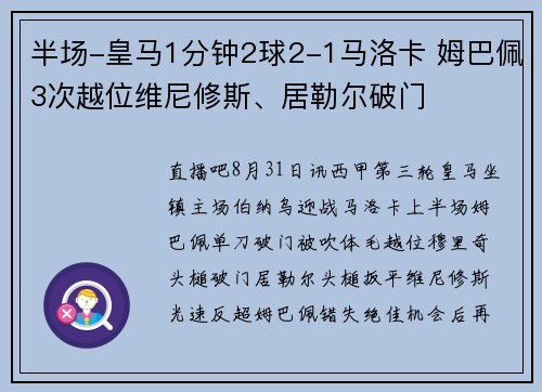 半场-皇马1分钟2球2-1马洛卡 姆巴佩3次越位维尼修斯、居勒尔破门