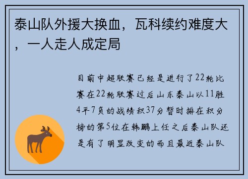 泰山队外援大换血，瓦科续约难度大，一人走人成定局