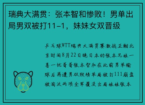 瑞典大满贯：张本智和惨败！男单出局男双被打11-1，妹妹女双晋级